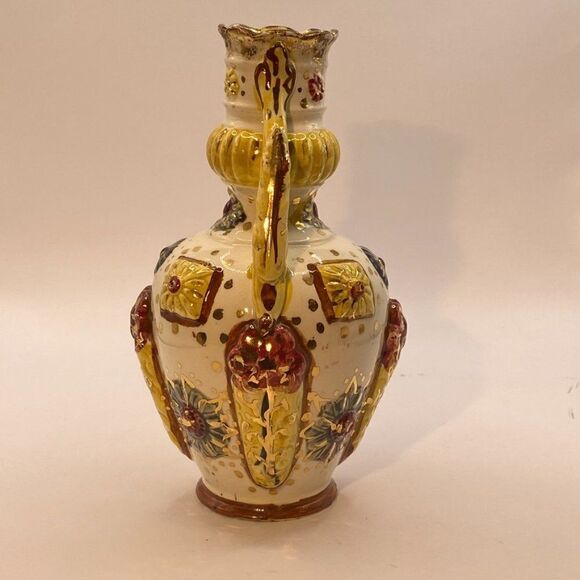 Pompeyi Bejeweled Signed Majolica Ceramic Vase Double Handle Gold Embossed - Picture 5 of 13